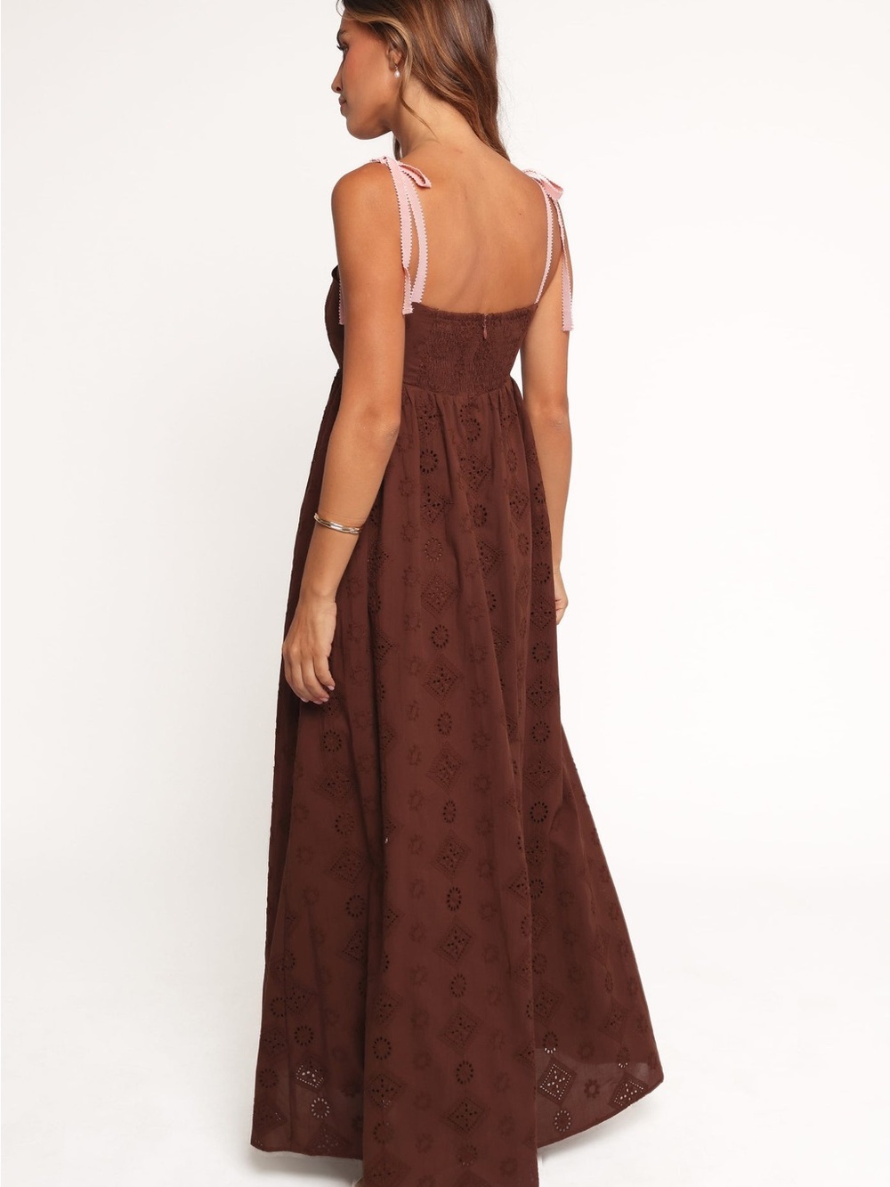 Petal & Pup Odessa Cotton Eyelet Maxi Dress Brown Tie Strap Pockets - Picture 5 of 6
